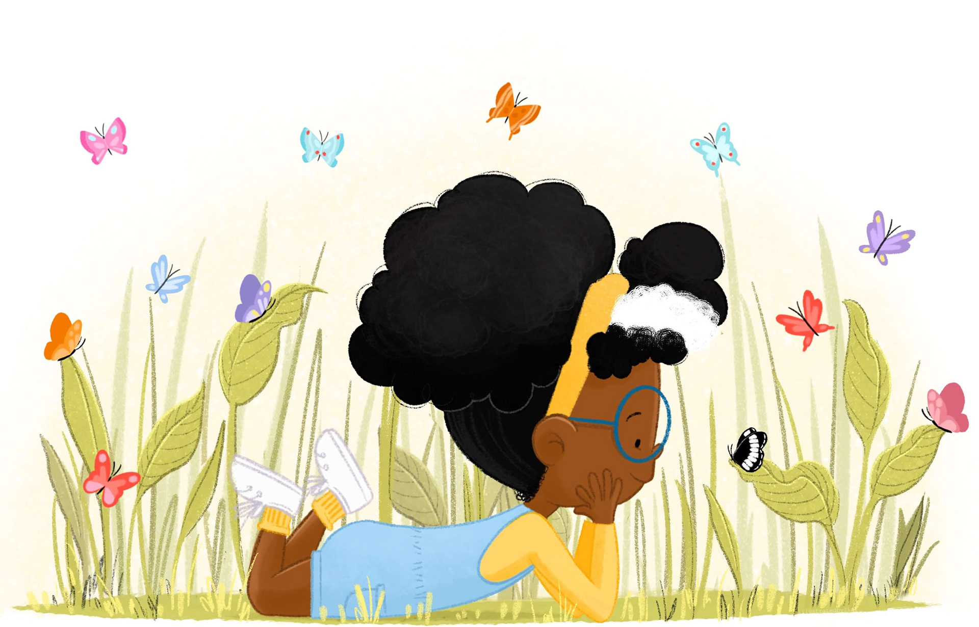 little girl finds butterfly in grass that has the same colour as her hair