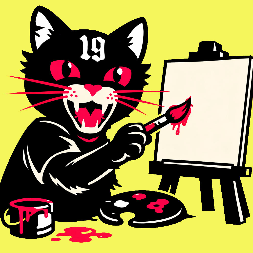 Von ChatGPT eine Katze die auf einer Leinwand malt. Grafik in schwarz, gelb, rot