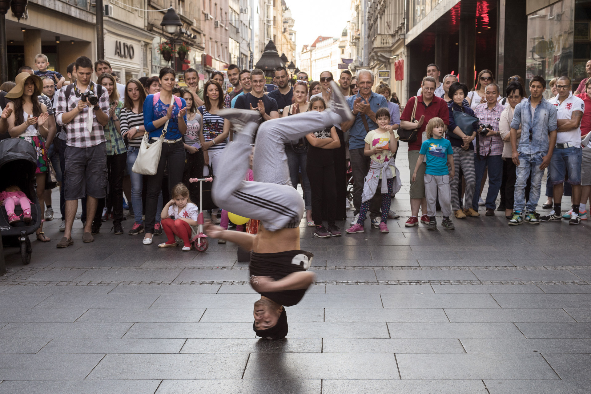 Young break dancers performing in Knez Mihailova, a stylish shopping street of Belgrade