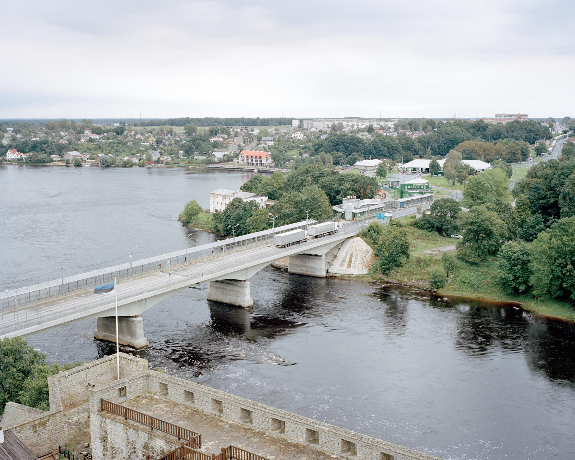 The Estonian-Russian border from the tower of the Narva castle. In the background the Russian twin city of Ivangorod