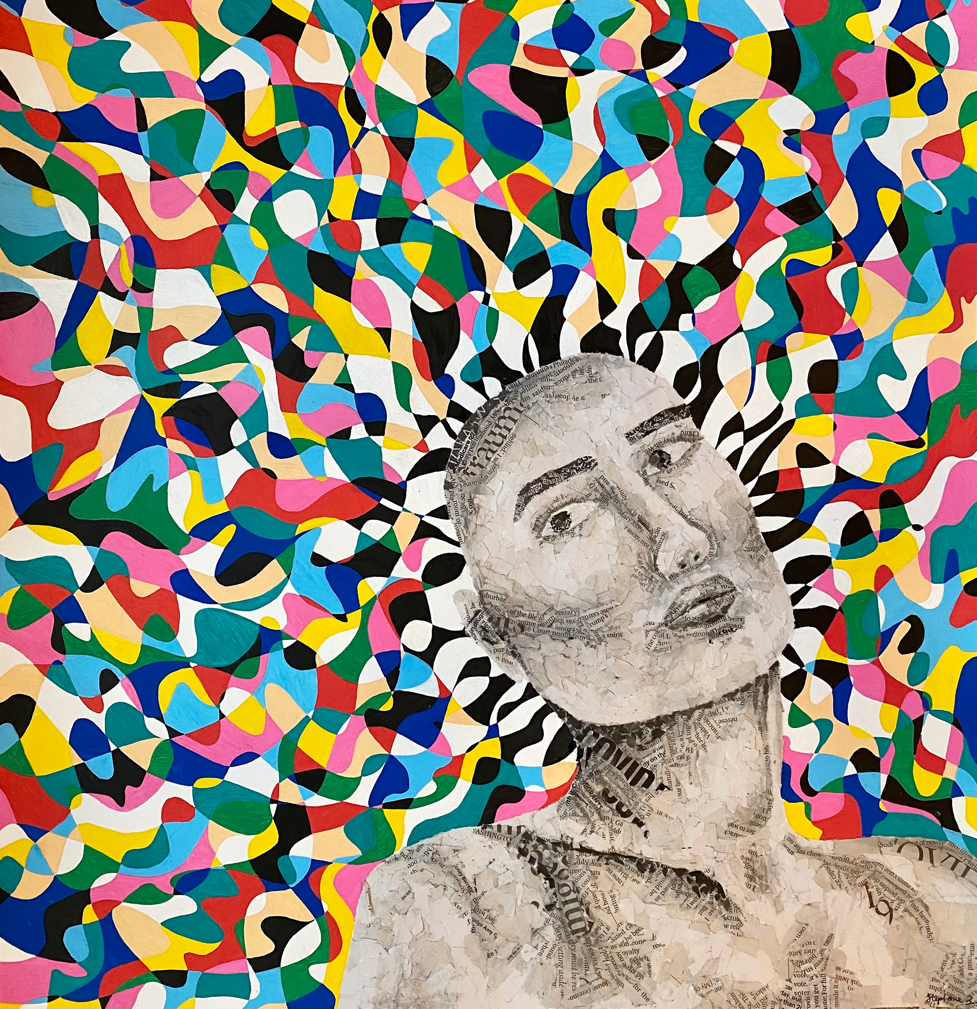 News Vs. Creativity / newspaper collage, paint pen, ink / 19" x 19"