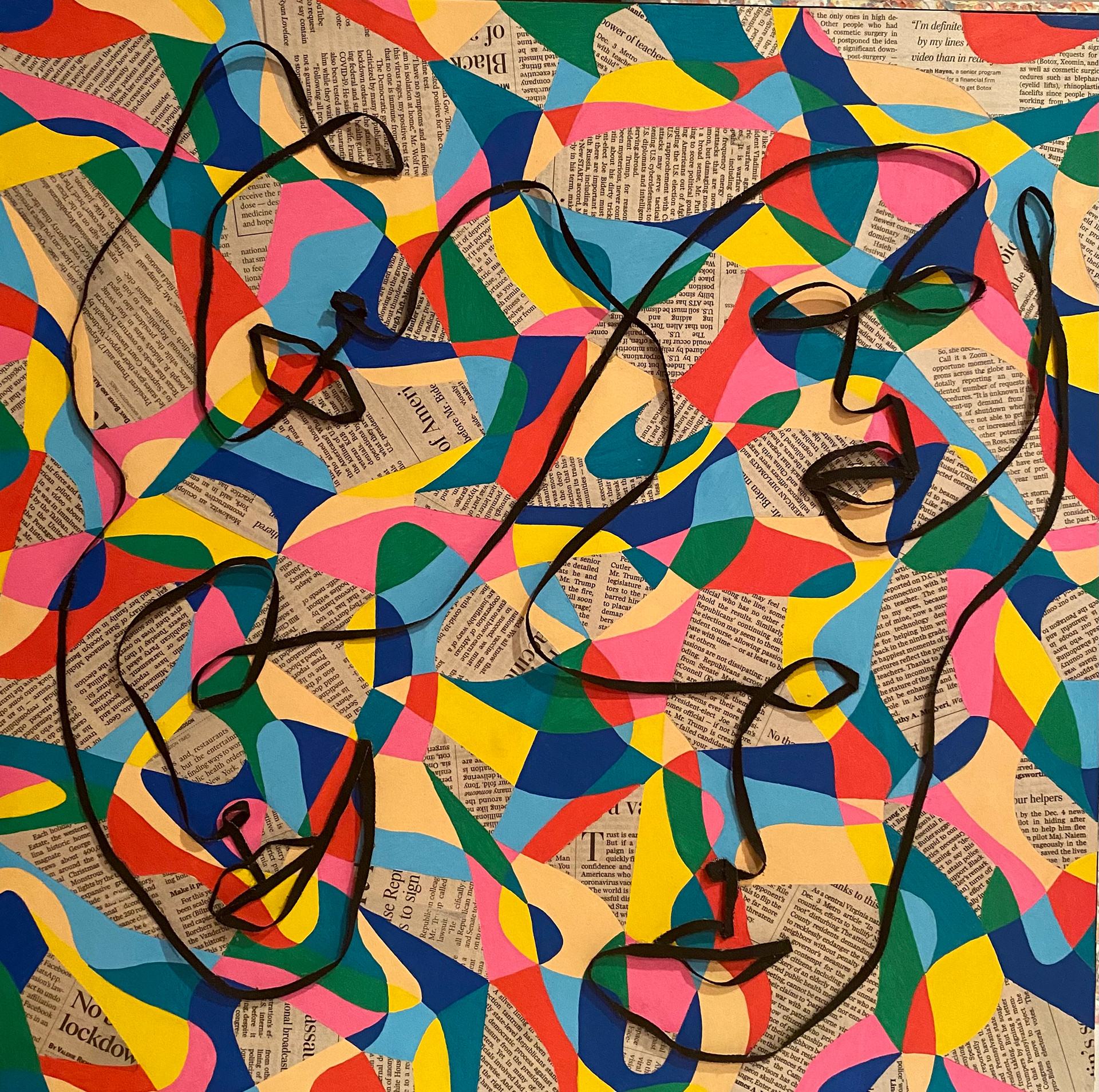 Comparing Faces / paint pens, newspaper, acrylic / 19" x 19"