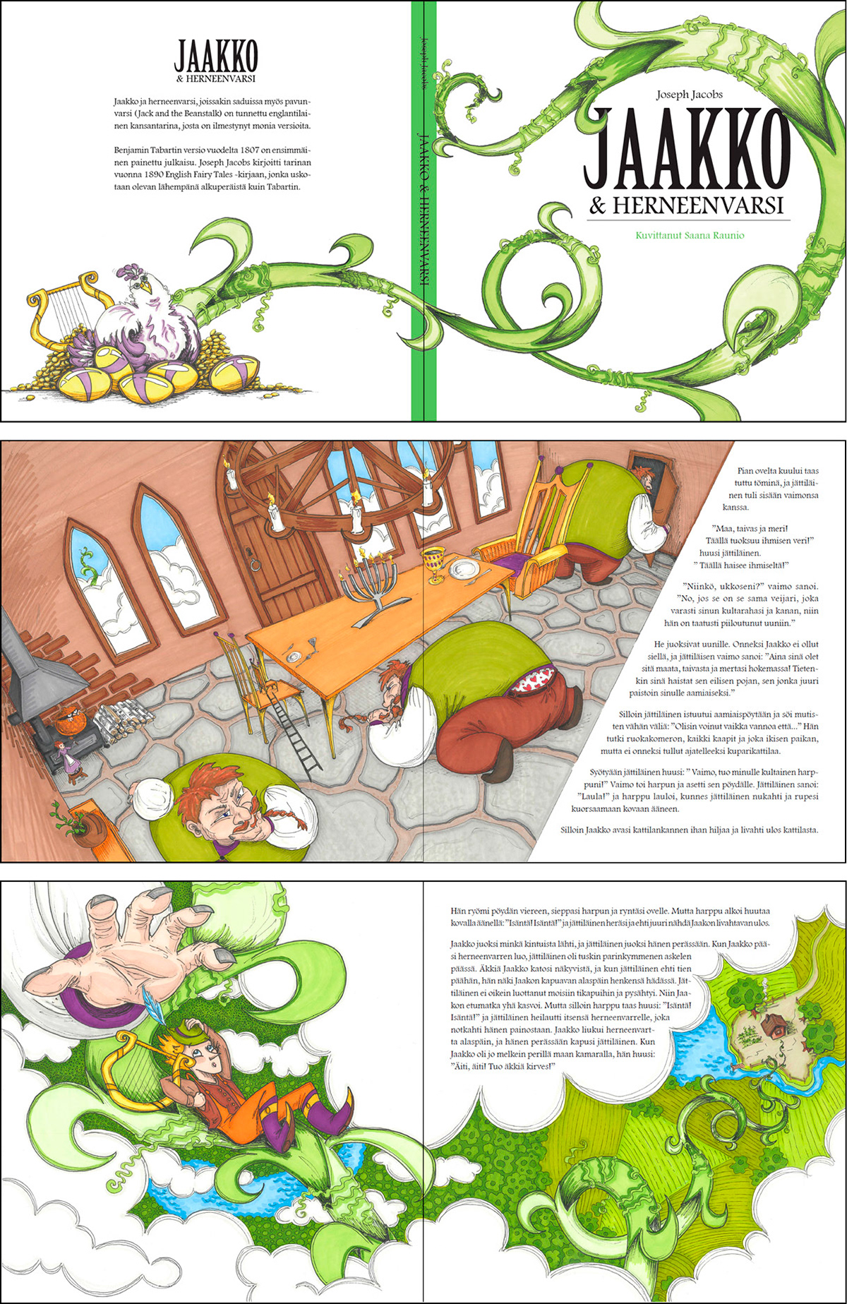 Jack and the Beanstalk. Illustrations are hand drawn and colored with markers. Schoolwork done in XAMK 2015.