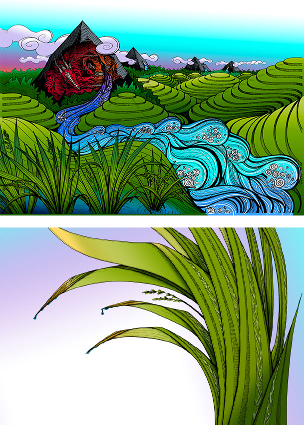 The Legend of Four Dragons. Hand drawn lines, colored and finished in Photoshop. Part of my thesis, 2018.
