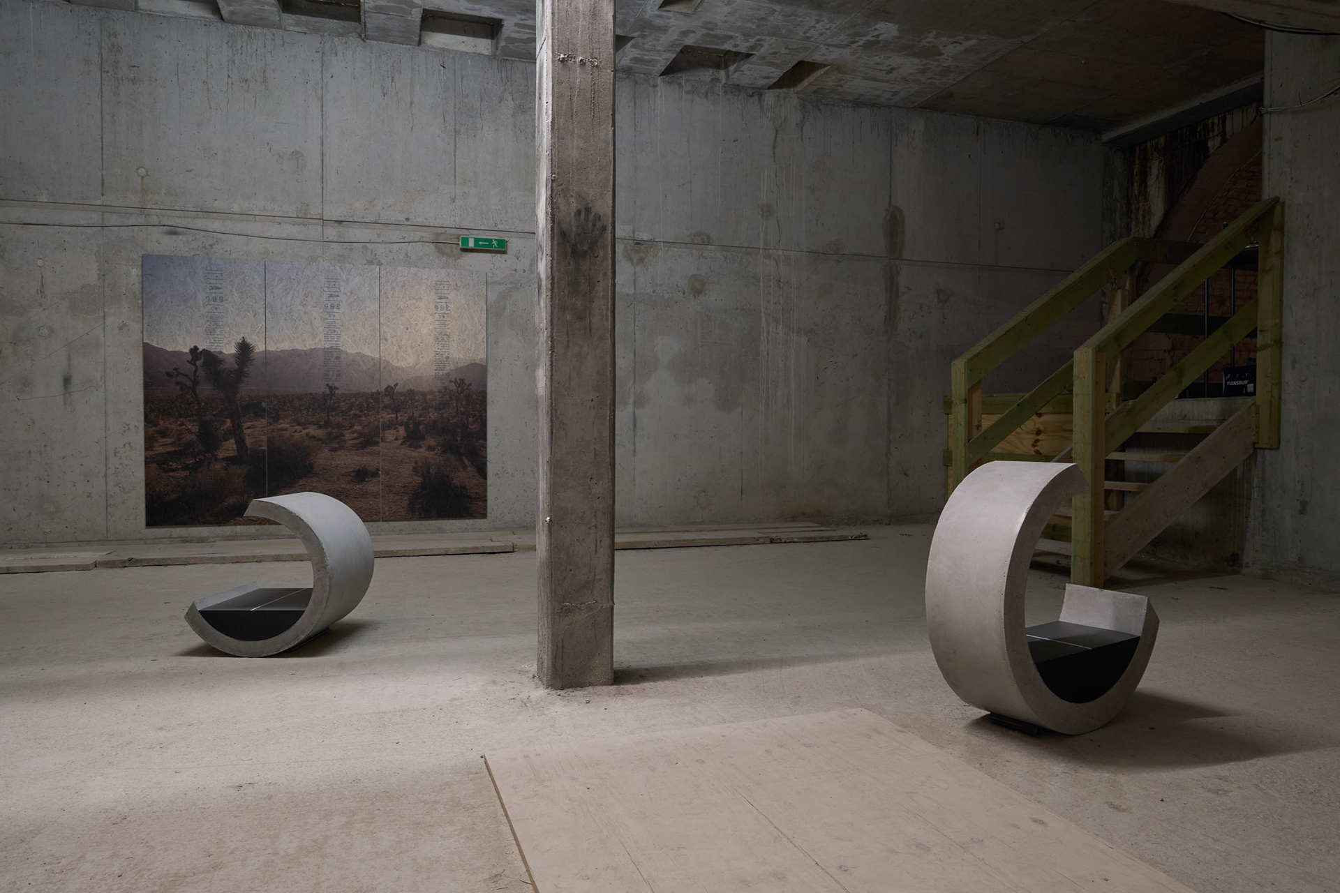 Exhibition view featuring Röhre-Straße-Mittelstreifen (Fragments 1 & 3), Notes from Underground, Kupferbergterrassen, Mainz, 2024.