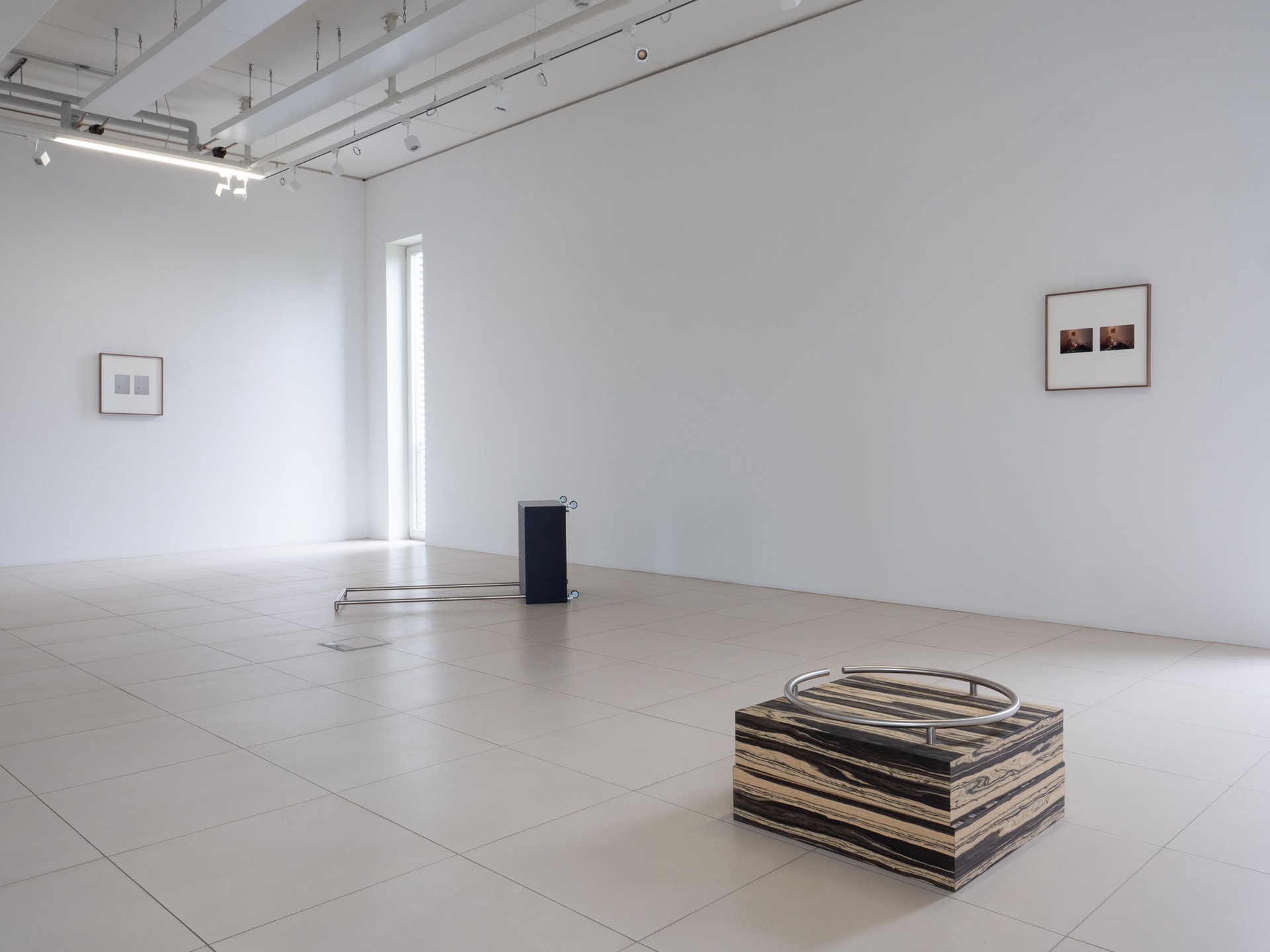 Exhibition view featuring photographic works and sculpture.