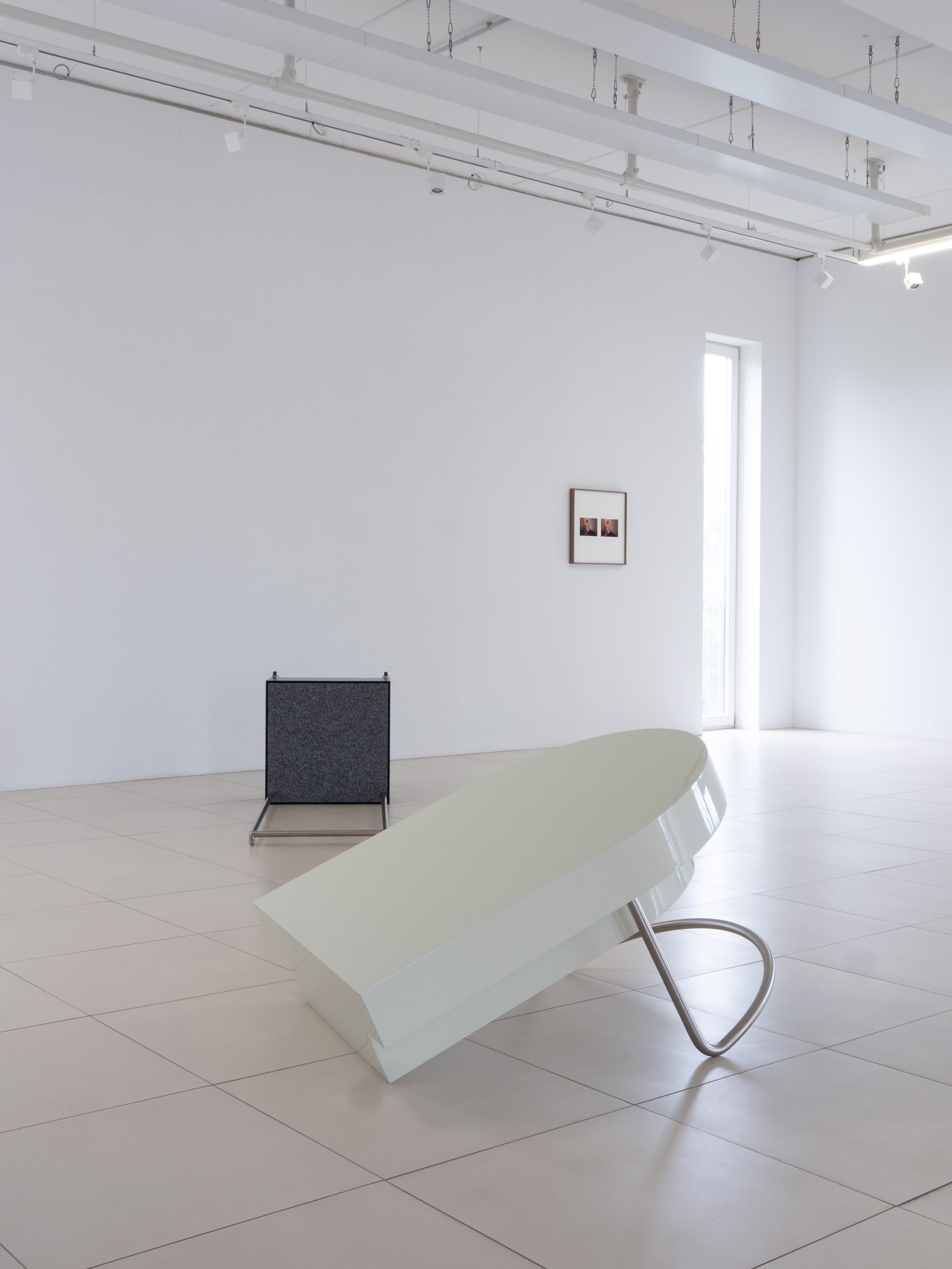 Exhibition view featuring photographic works and sculptures.