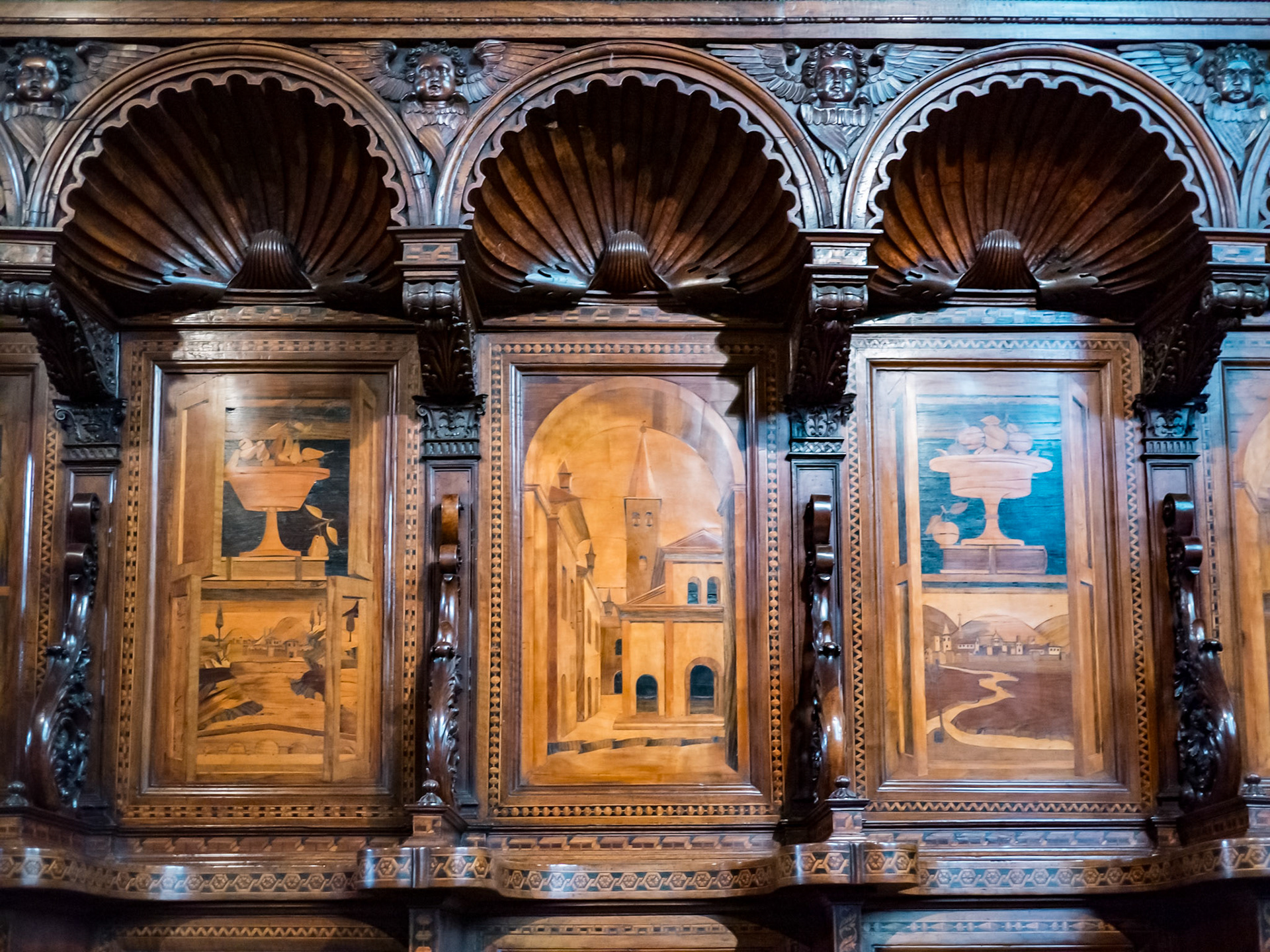 Fantastic wood carving and intarsia in the choir [Alba, Piemonte, Italy]