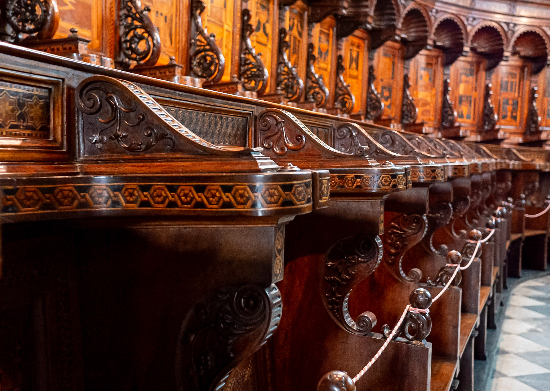 Fantastic wood carving and intarsia in the choir [Alba, Piemonte, Italy]