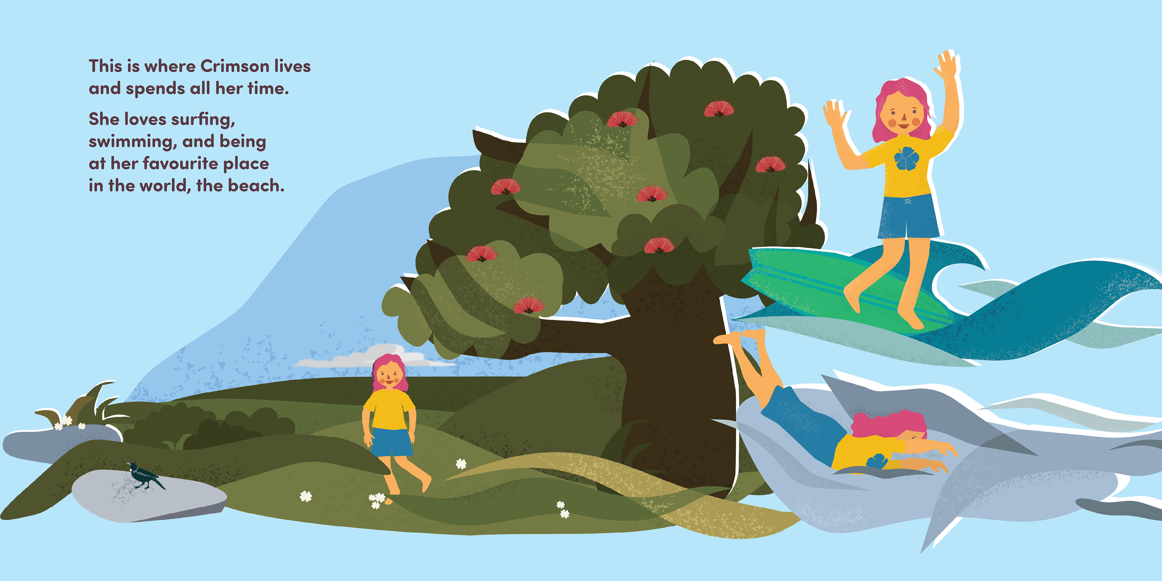 Who is Crimson? A page to add depth to the title character, featuring Pōhutukawa and a Tūī bird to show where Crimson lives.