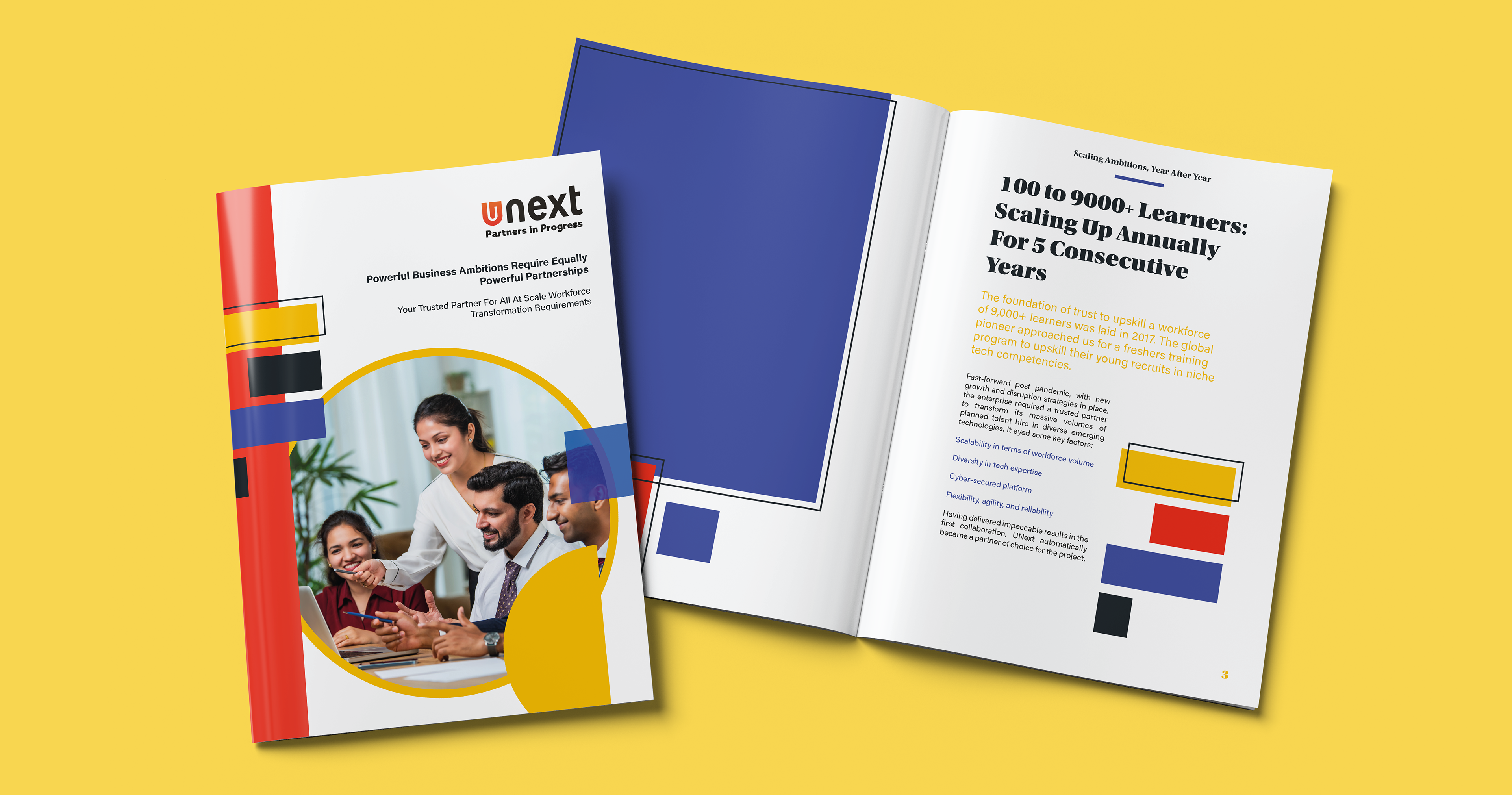 Capabilities document for UNext Learning Pvt Ltd., India, designed to articulate enterprise learning partnerships through assertive typography, modular layouts, and a streamlined visual narrative.