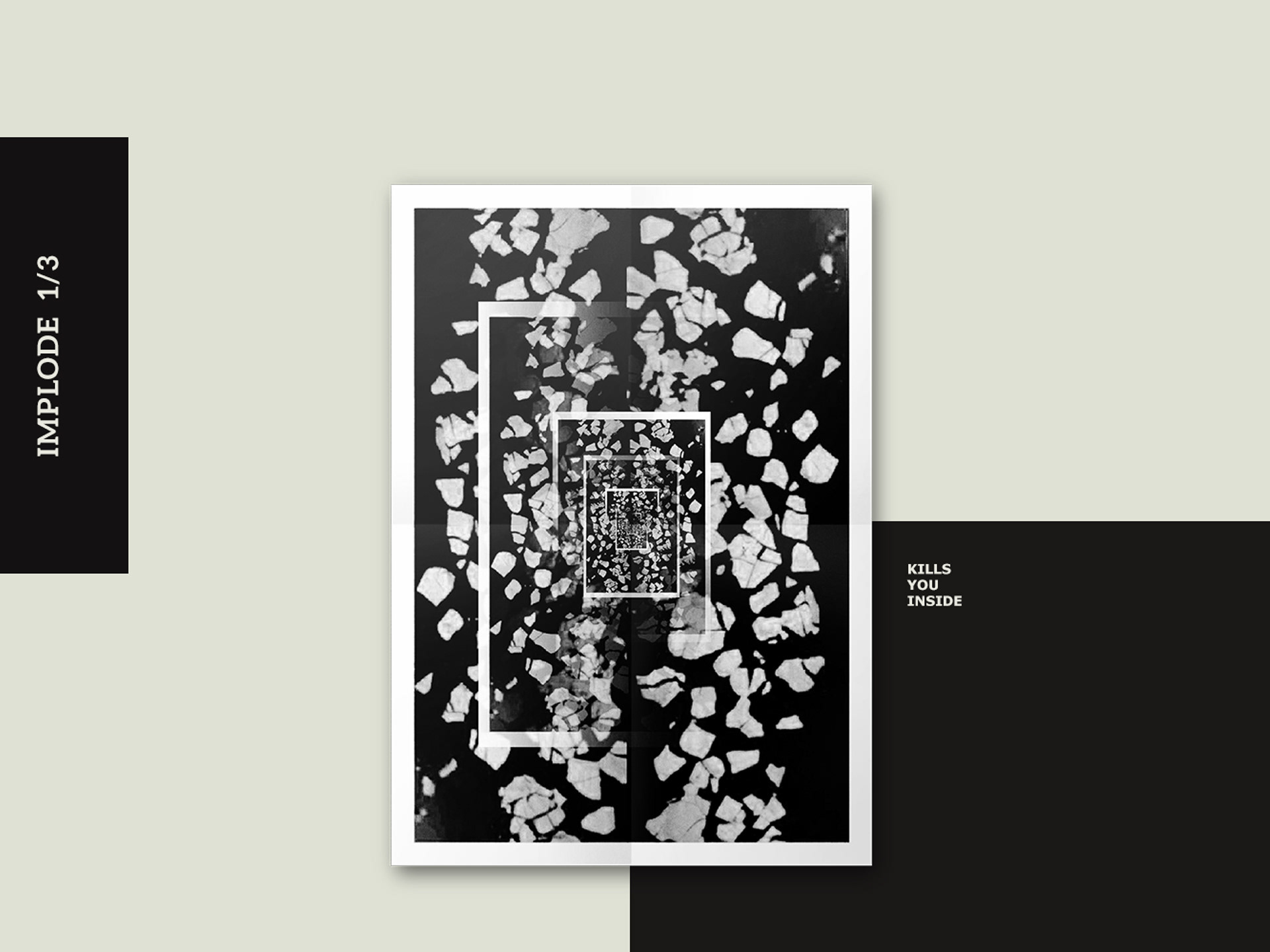 A poster exploring ‘implode’ and ‘kills you inside’ through repeated broken plaster forms to evoke inward visual collapse.