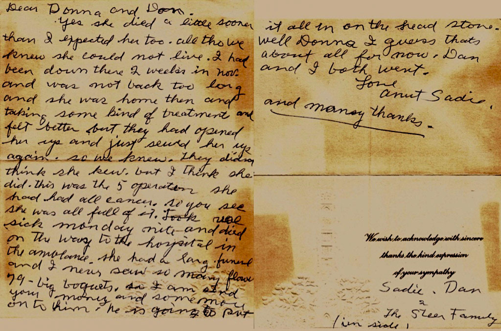Note from Sadie and Dan Chapman to Donna Rudolph c 1966