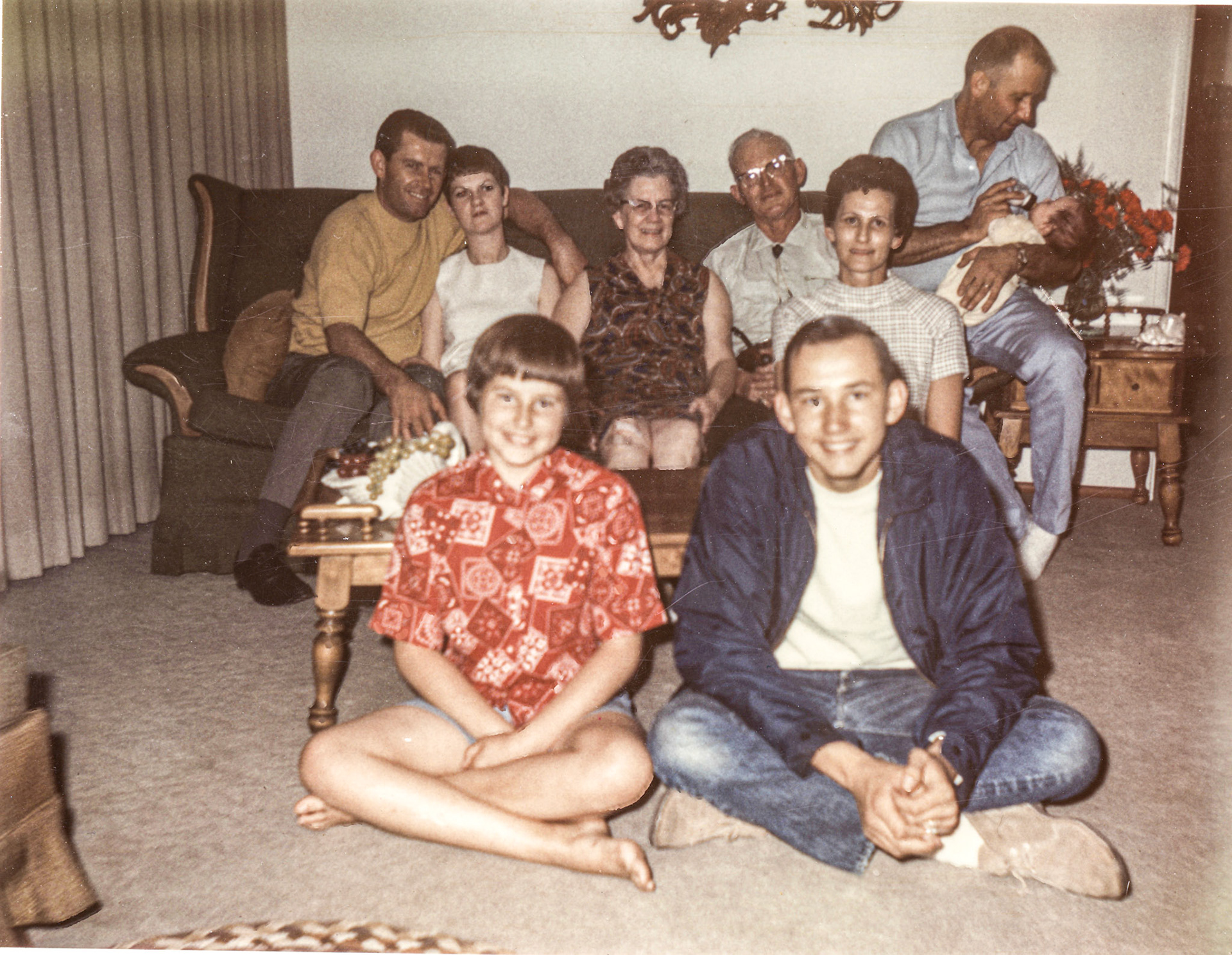 (R) Leroy Stanley, Unknown, Thelma Bevan, Barbara Wells, Norm Wells Sr, Michael Griggs (F) Karen and Dan Wells 1969