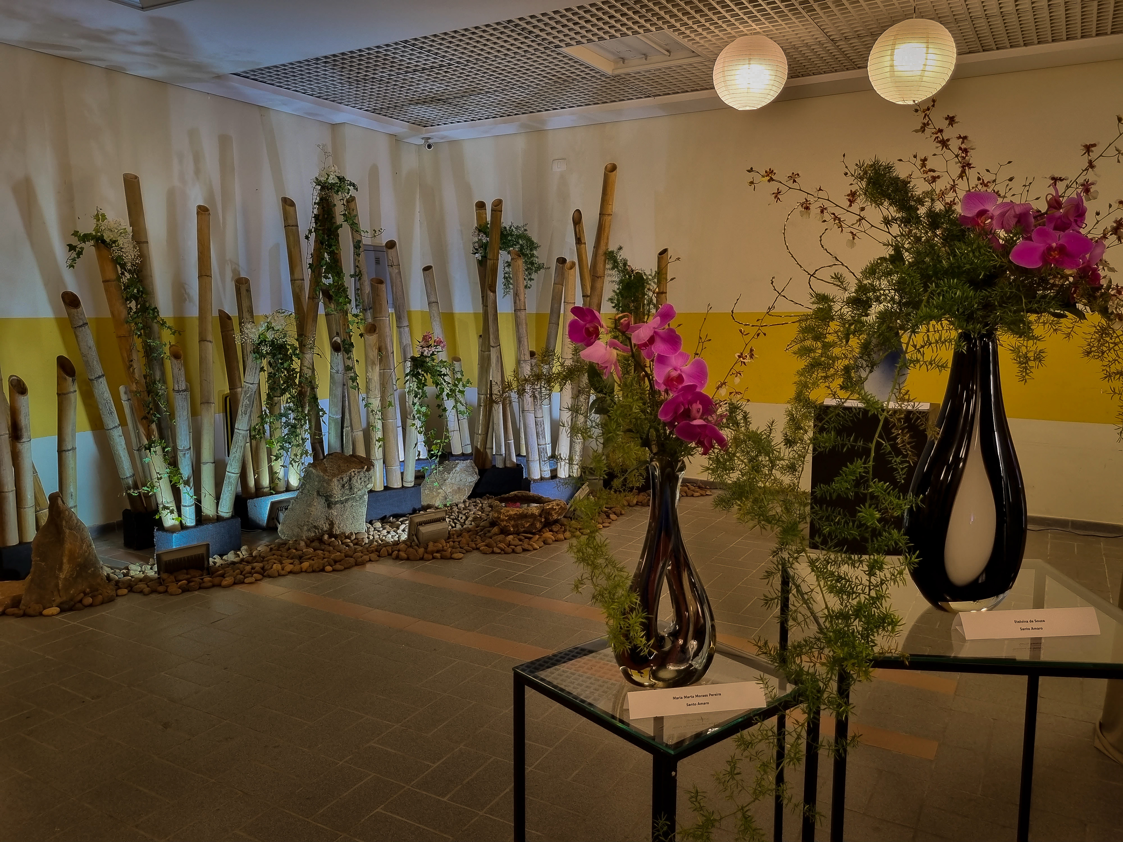 Bambu em contraste com Ikebanas de flores. Foto: Natália Perez.