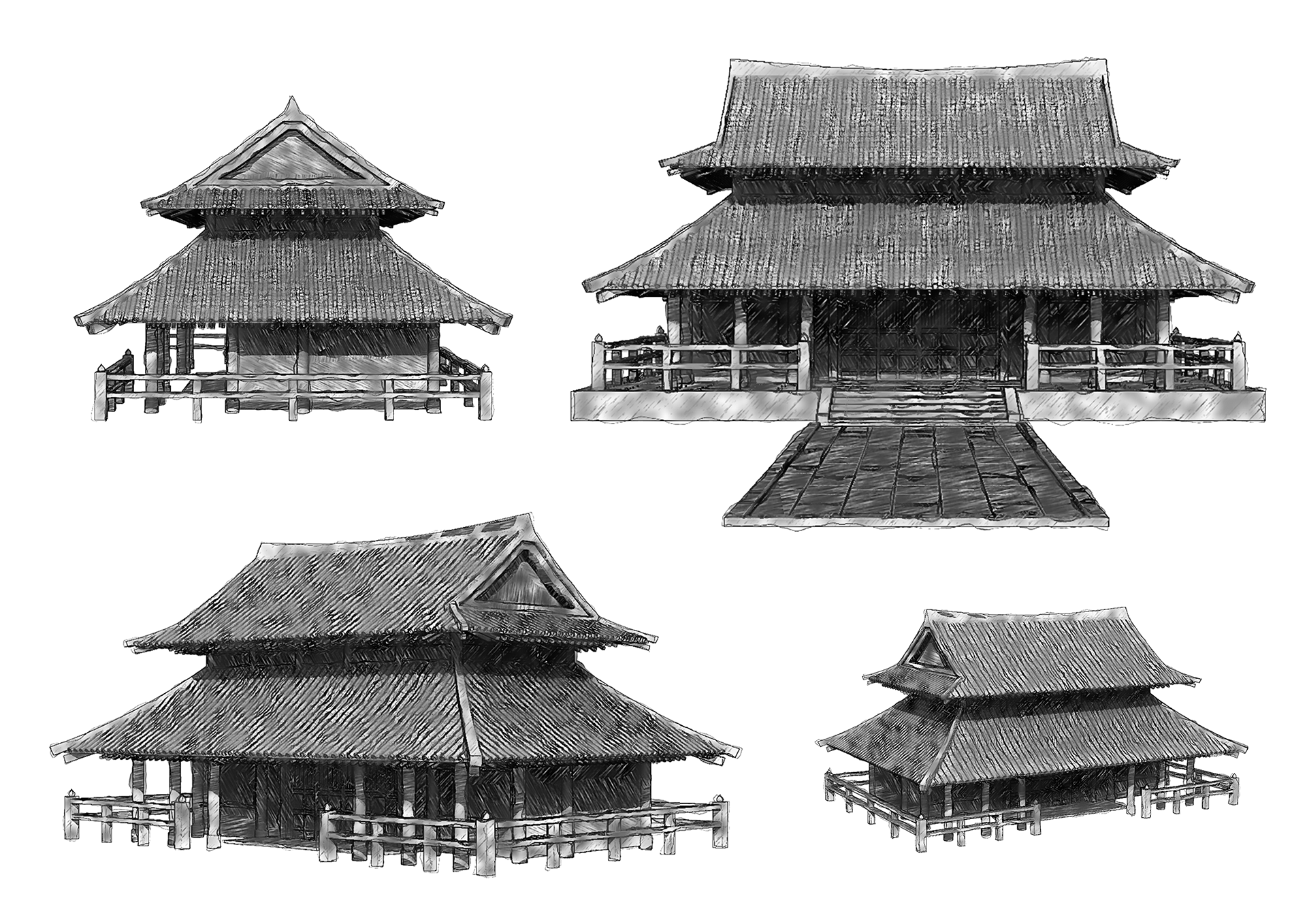 Pencil Ink Sketch Render【 Temple 】