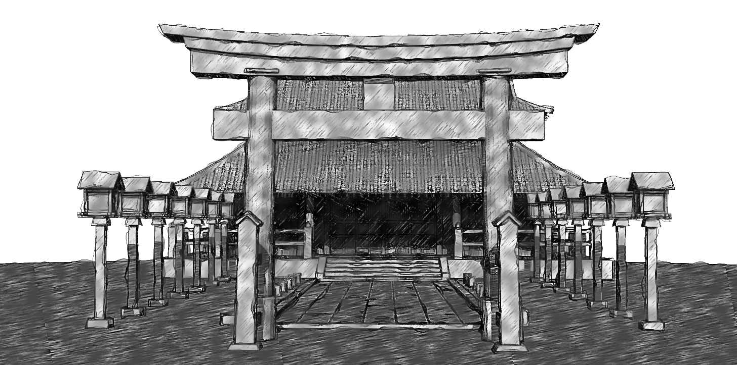 Pencil Ink Sketch Render【 Temple & Wooden lantern & Torii 】