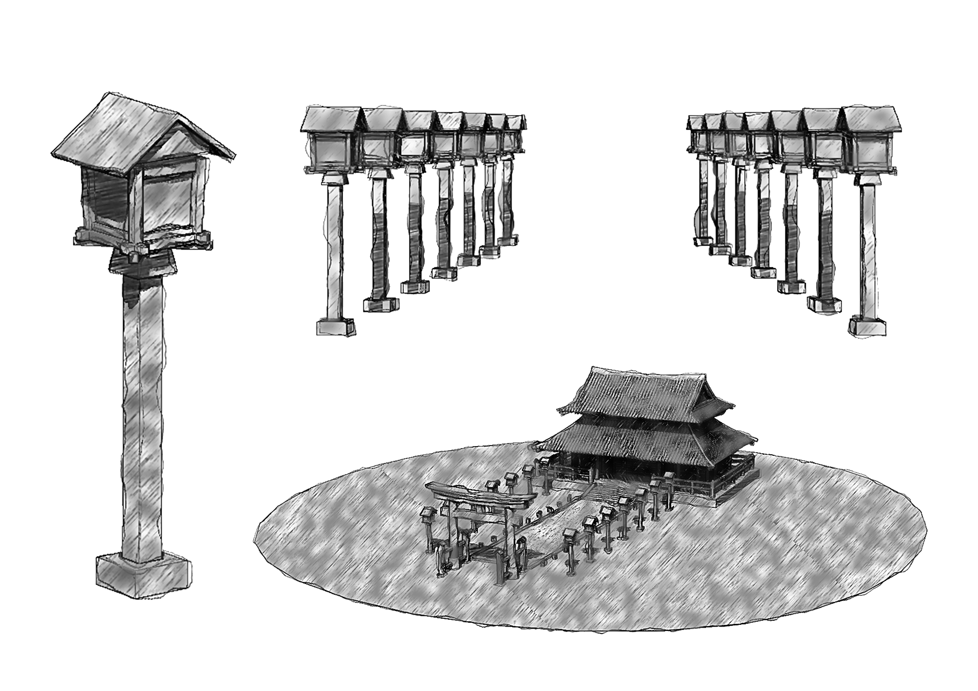 Pencil Ink Sketch Render【 Wooden lantern 】