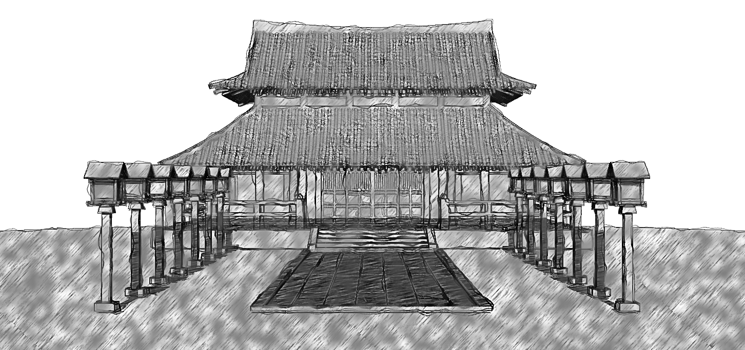 Pencil Ink Sketch Render【 Temple & Wooden lantern 】