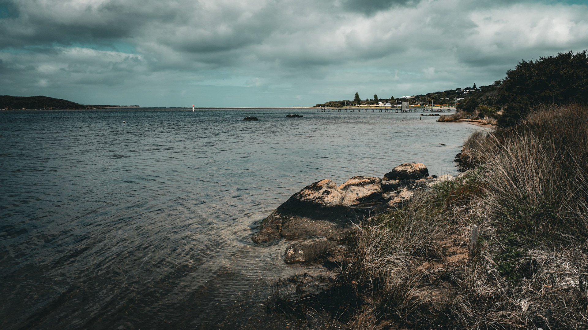 A serene view of a coastal landscape featuring a calm body of water under an overcast sky. The shoreline is adorned with natural rocks and wild grasses, providing a rustic charm. Distant structures and a pier hint at a quaint coastal community, adding depth to the scenic vista.