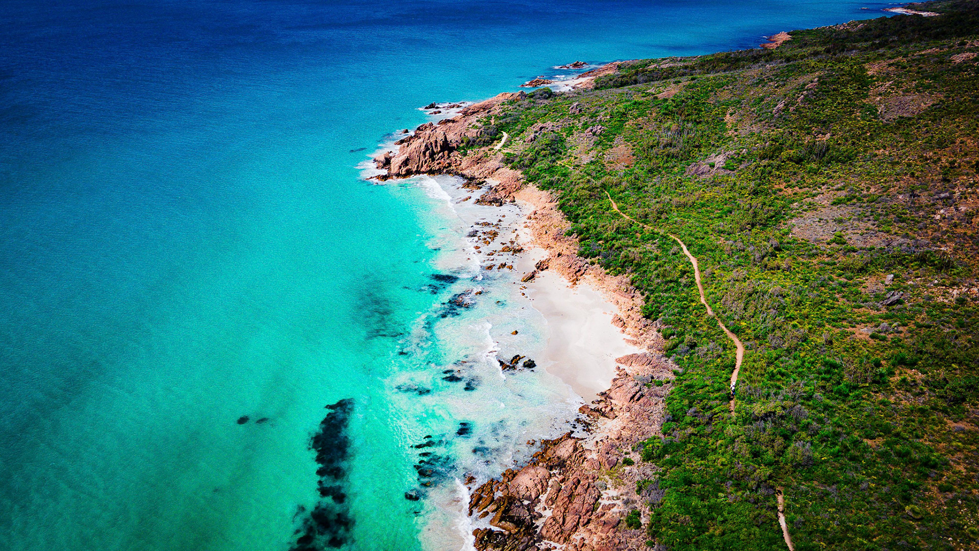 A captivating aerial image showcasing a vibrant coastal landscape with turquoise waters gently lapping against the rocky shoreline. The lush greenery contrasts beautifully against the blues of the ocean, while a winding path traces along the rugged terrain, inviting exploration of this picturesque natural setting. Perfect for projects related to travel, nature, and environmental beauty.
