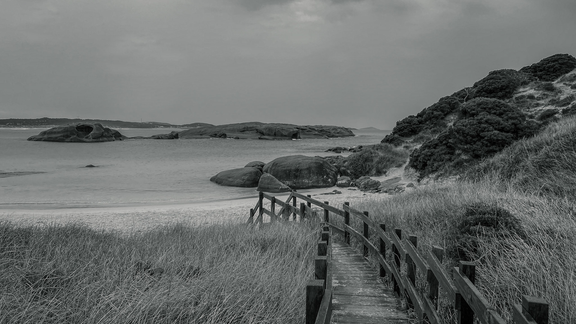 A weathered boardwalk winds through wild grass, leading to a serene ocean view. The calm water and overcast sky create tranquility.