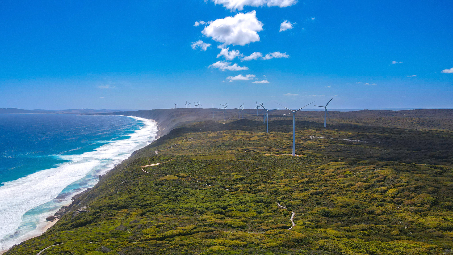 Explore the serene landscape where wind turbines generate clean energy, meeting the ocean waves and showcasing nature's beauty.