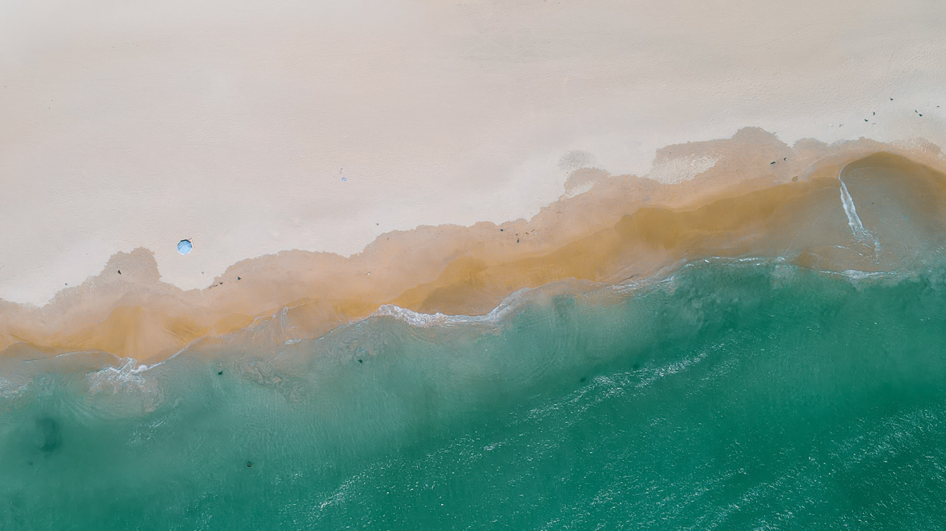 A top-down aerial view of a serene beach where emerald-green waves lap against bands of golden shore and pale sand. Foamy edges trace delicate lines along the water’s edge, creating soft gradients and textures. A single blue beach umbrella punctuates the otherwise minimal scene, emphasizing the sense of scale and solitude.