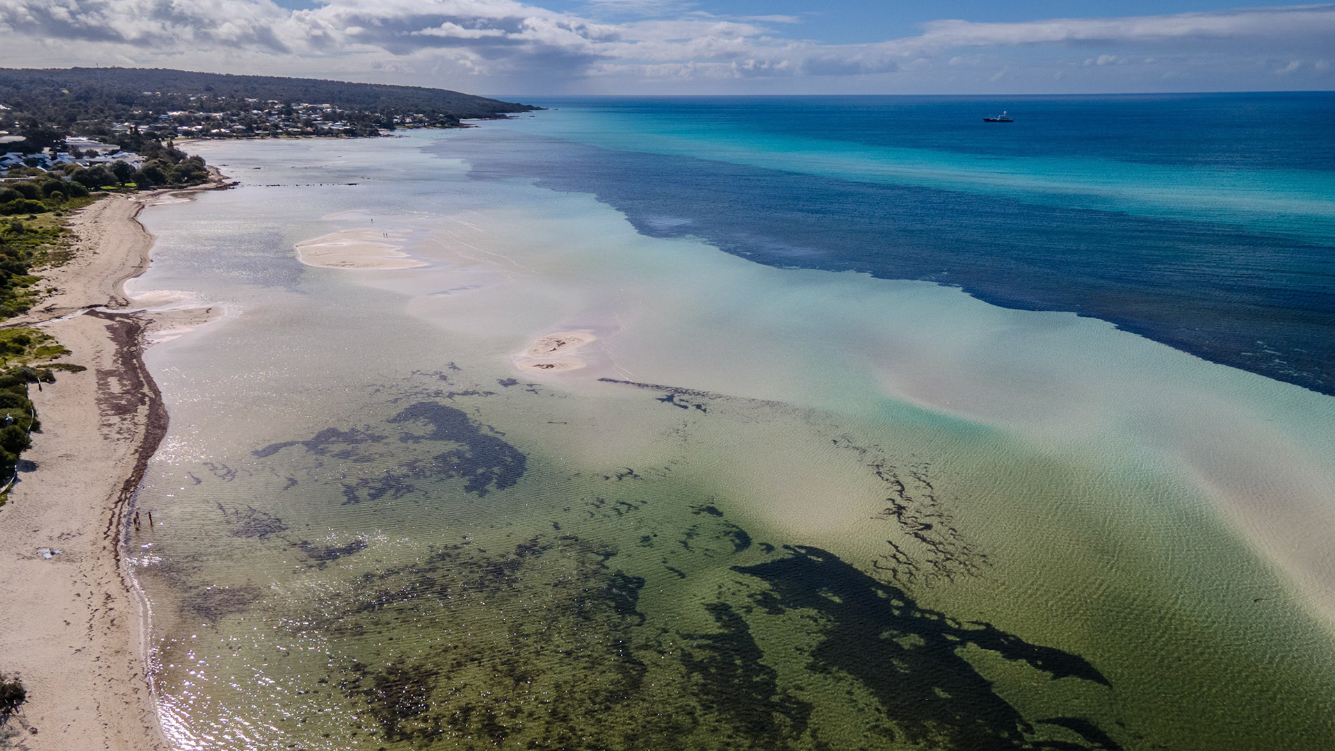 A breathtaking aerial view of a pristine coastal beach with turquoise waters blending into deeper blue hues. The shoreline features gentle waves lapping against the sand, with lush greenery lining the coast. The clear sky and distant clouds enhance the serene atmosphere, making it a perfect depiction of a tranquil seaside environment.