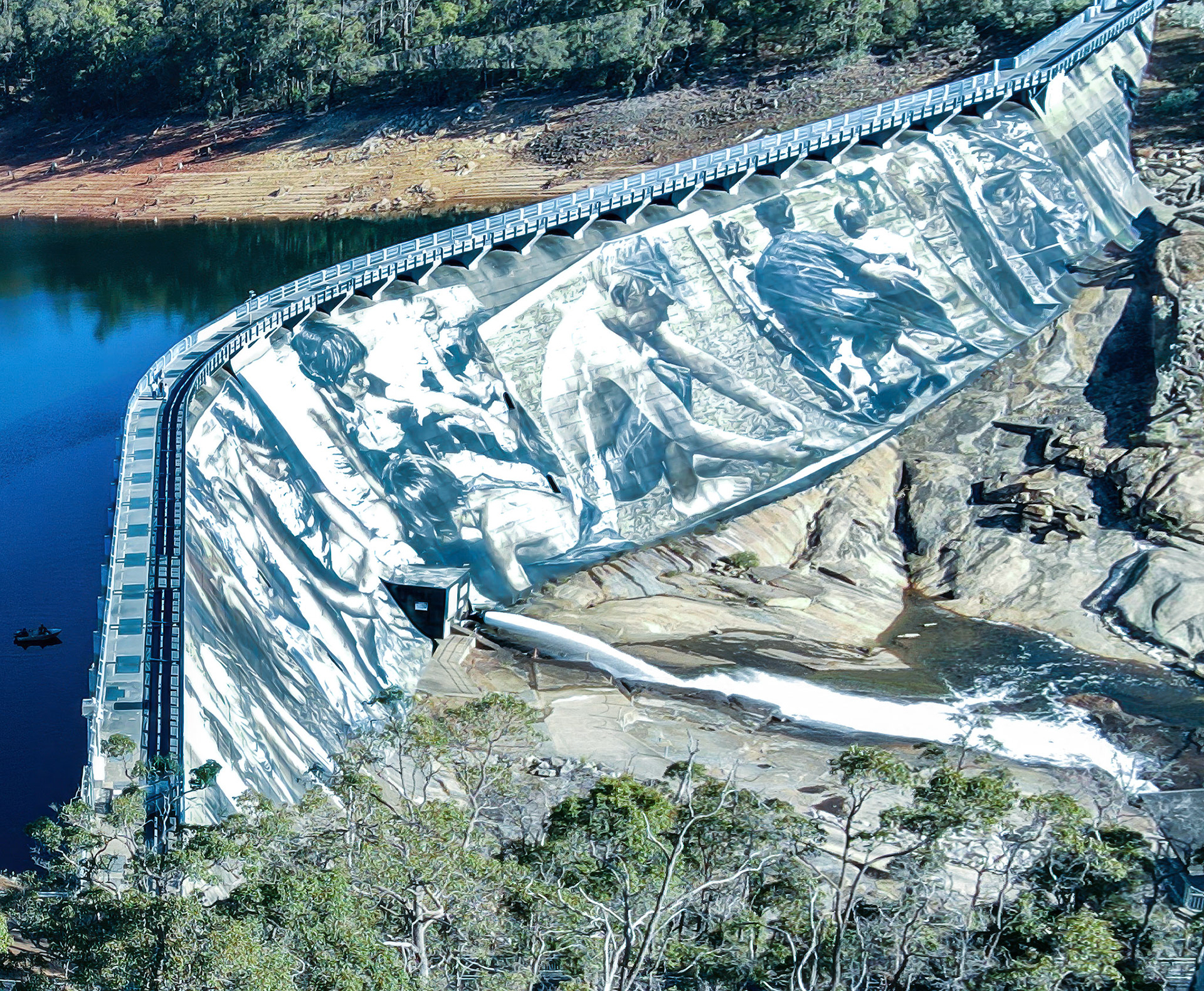 A sweeping aerial view of a curved concrete dam draped in a vast monochrome mural depicting historical scenes of people. The calm blue reservoir sits to the left, reflecting the surrounding forested hills, while water spills into a rocky gorge below. A walkway with railings traces the dam’s crest, and a small boat floats near the base on the lake.