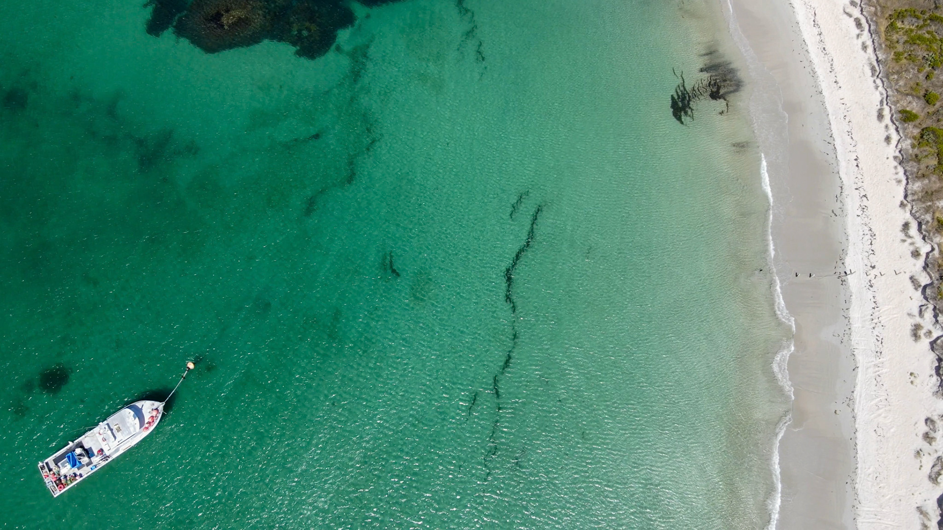 Experience tranquility with an aerial view of a serene coastal scene featuring a small boat anchored in turquoise water.