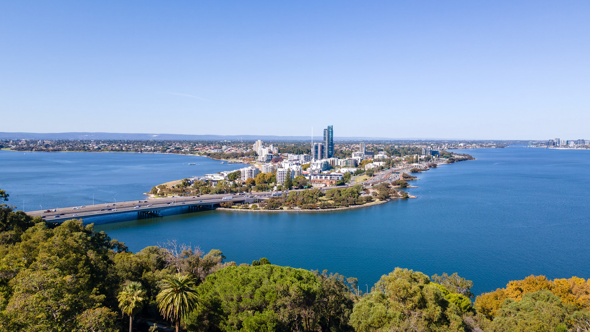 A breathtaking scene unfolds with a clear blue sky above a vibrant city along the river. The lush greenery contrasts beautifully against modern buildings reflecting the sunlight.