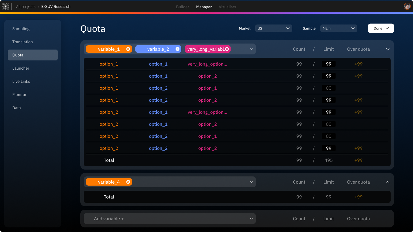 Quota management becomes much more transparent, as counts, limits, and over-quota responses are visible at all times and can be adjusted without stopping or rebuilding the study.
