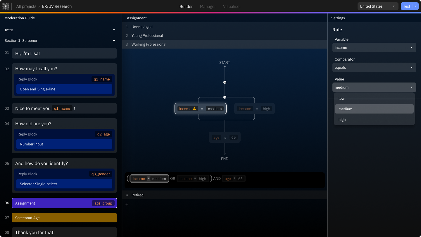 One innovative feature of the builder is the conditional logic builder which uses an intuitive design, allowing researchers to build, visualize and test their logic.