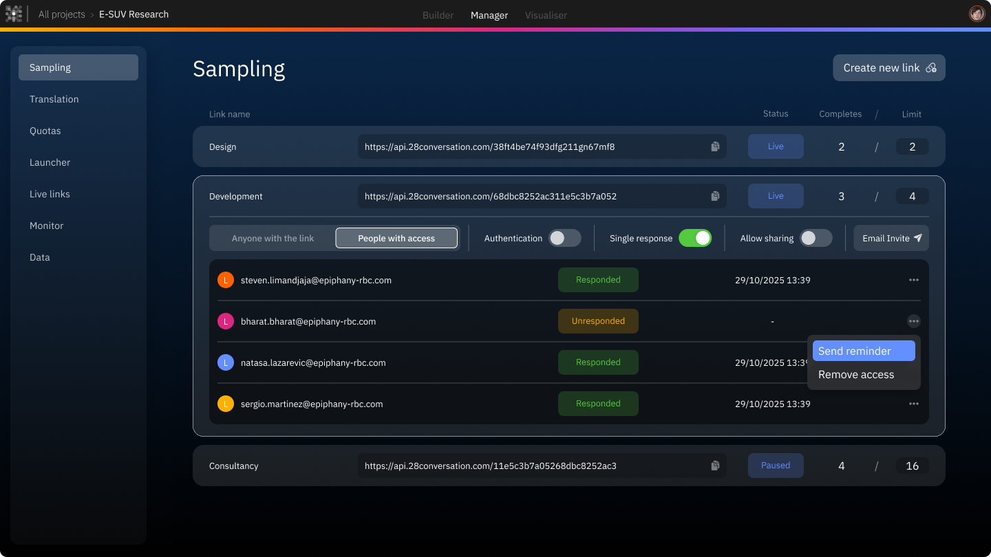 Researchers can choose how to source their respondents: by creating an email campaign, or through panel providers.