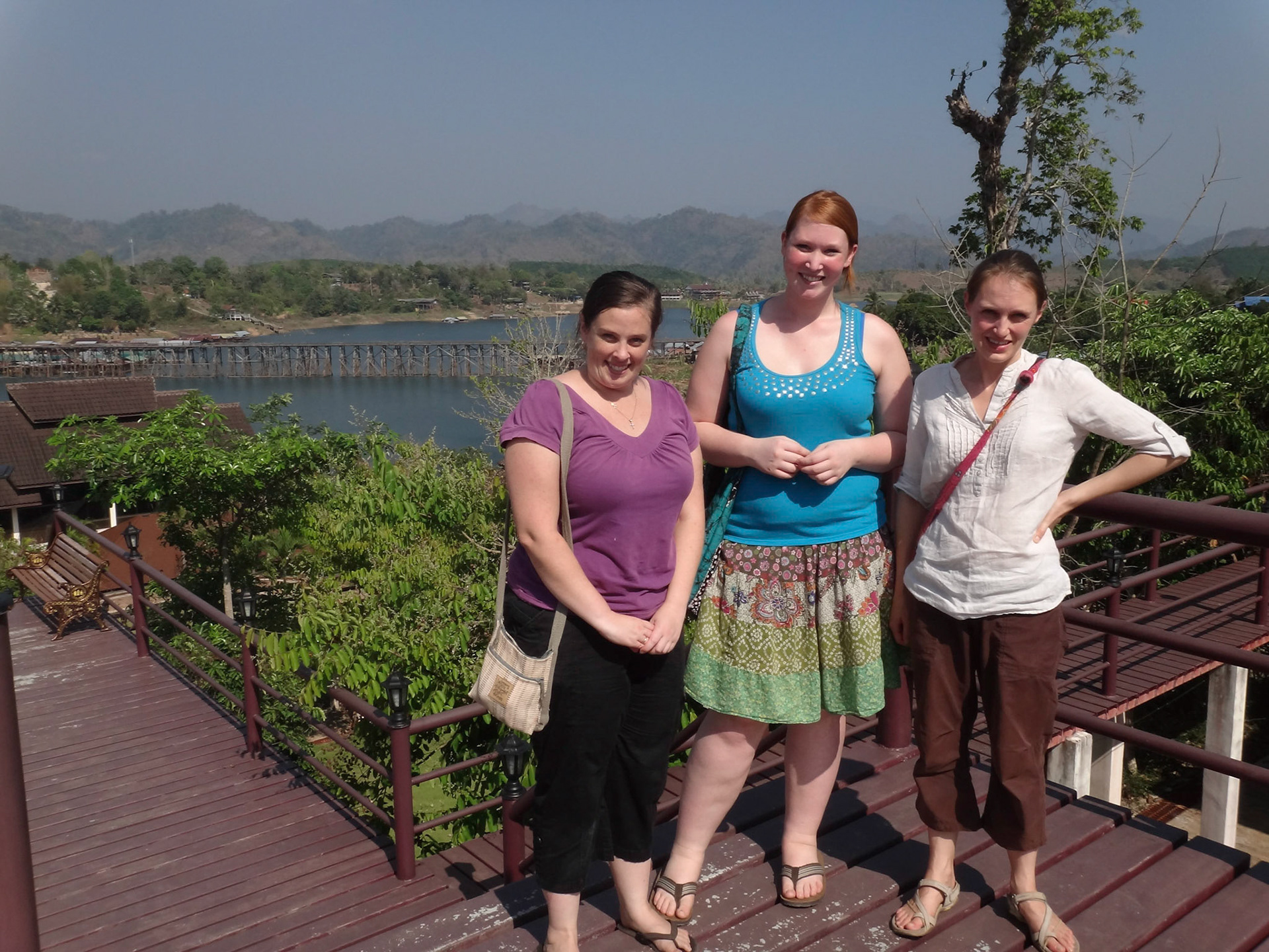 Jen, Jessica and Monica at the the public view point looking over the Mon Bridge and Khao Laem Reservoir, Sangklaburi