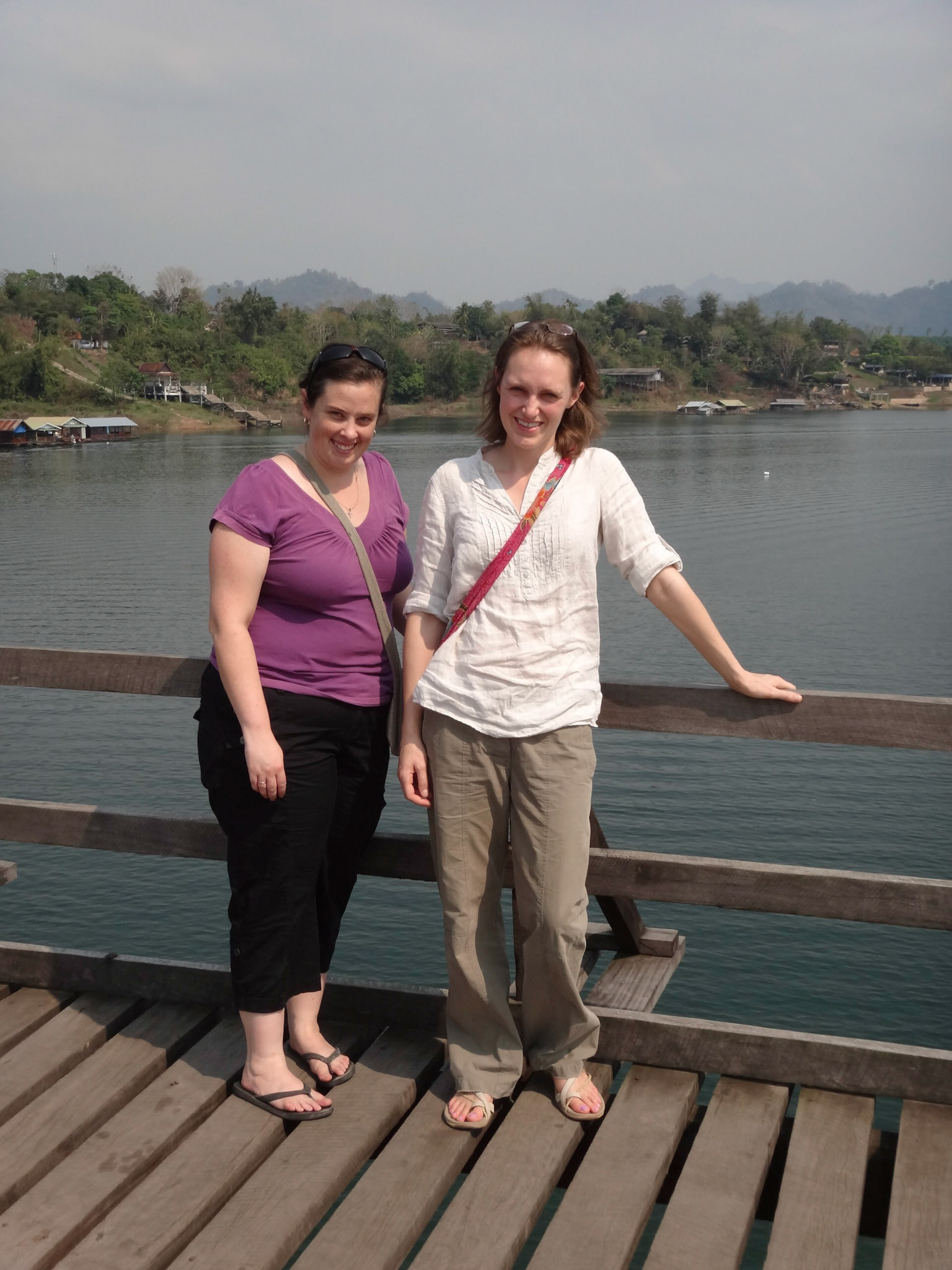 Jen and Monica on the Mon Bridge, Sangklaburi