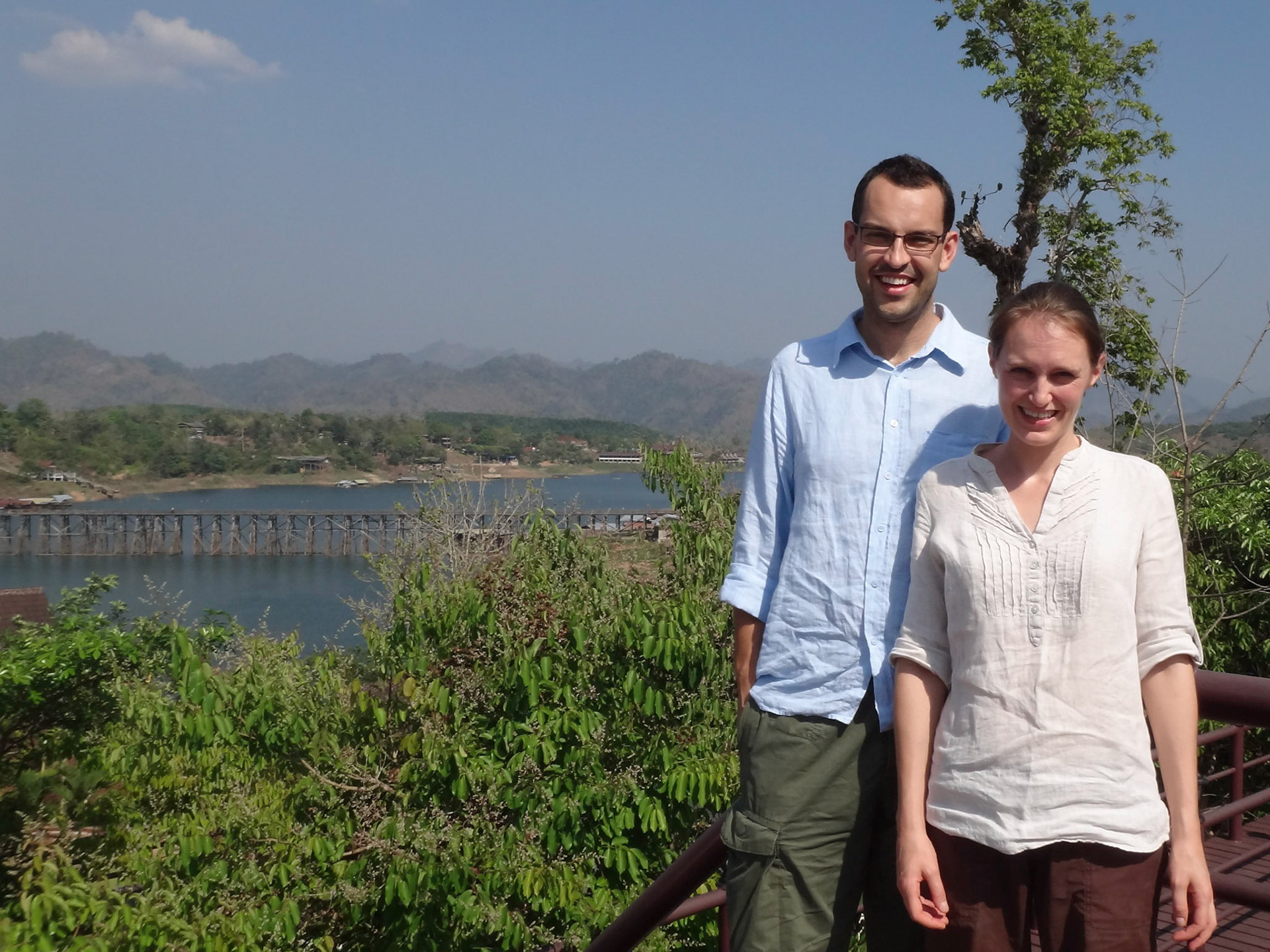 Jen and I on the Mon Bridge over Khao Laem Reservoir, in Sangklaburi