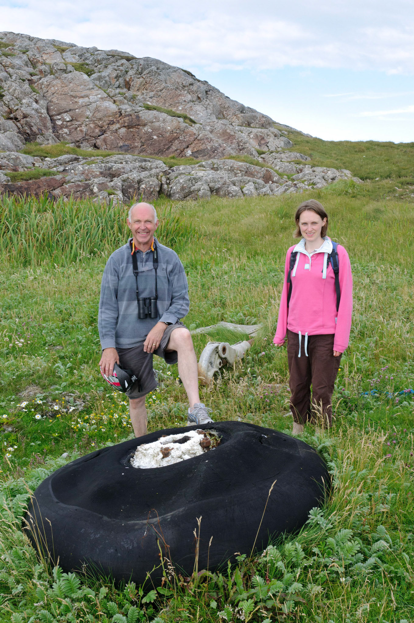 Jen and Peter with the old aircraft wheel near Cliad Bay.