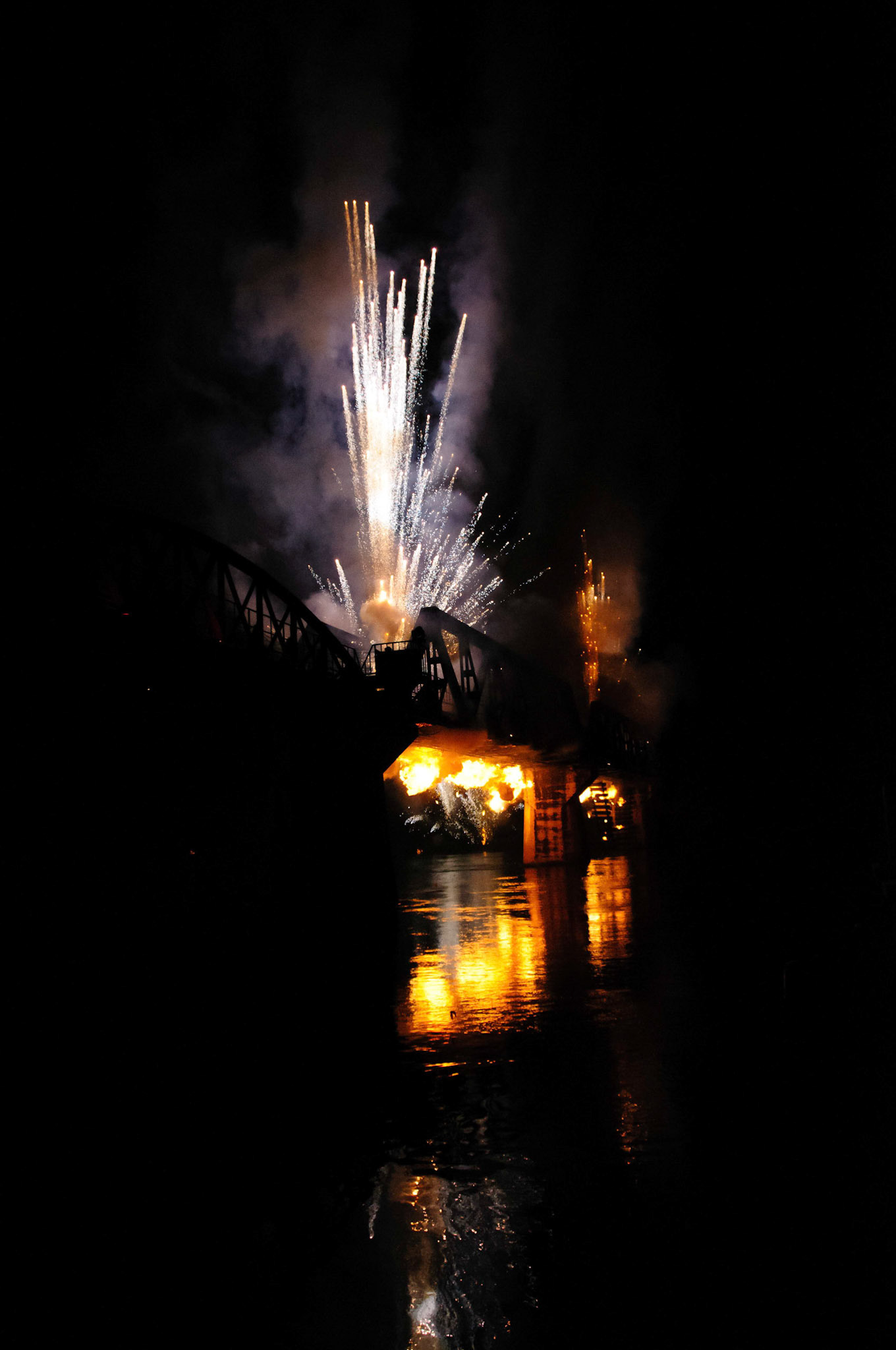 An annual sound, light and fireworks re-telling the story of the railway and the bridge.  It was very well staged - you can even see a section of rail tracks and sleepers hanging down from underneath the 'bombed' span!
