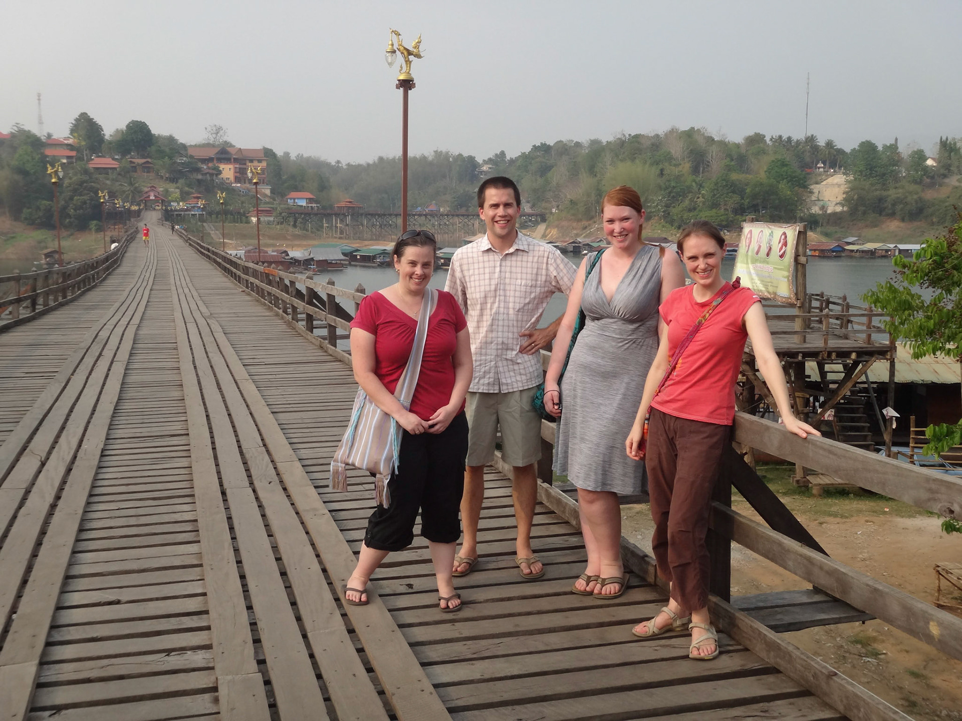 Jen, Jessica, Jeff and Monica on the Mon Bridge, Sangklaburi