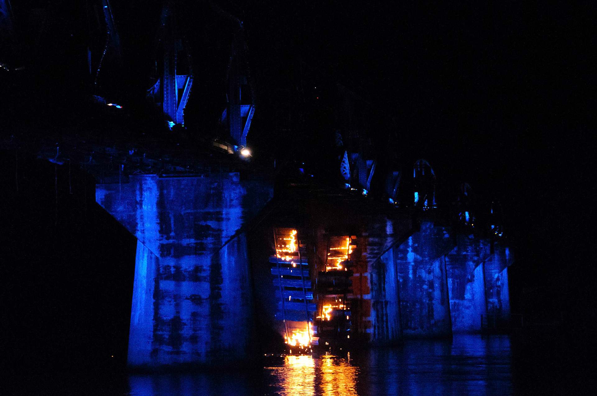 An annual sound, light and fireworks re-telling the story of the railway and the bridge.  It was very well staged - you can even see a section of rail tracks and sleepers hanging down from underneath the 'bombed' span!