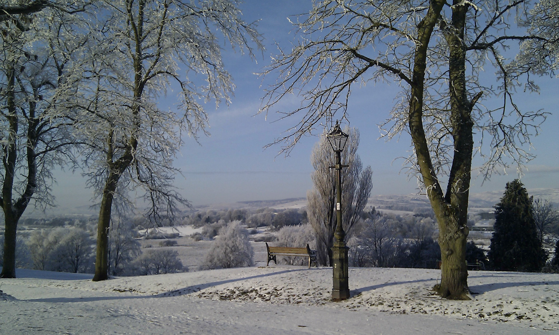 Snow covered Peel Park in Kirkintilloch.
