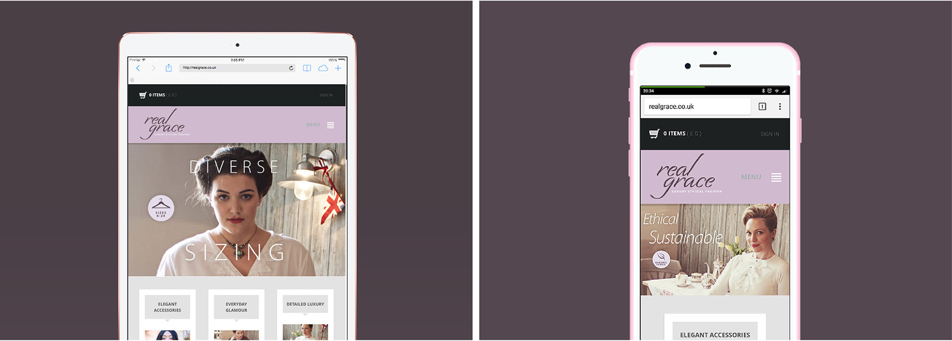 Images showing Real Grace website design on iPad and iPhone to demonstrate how the responsive design looks on different devices