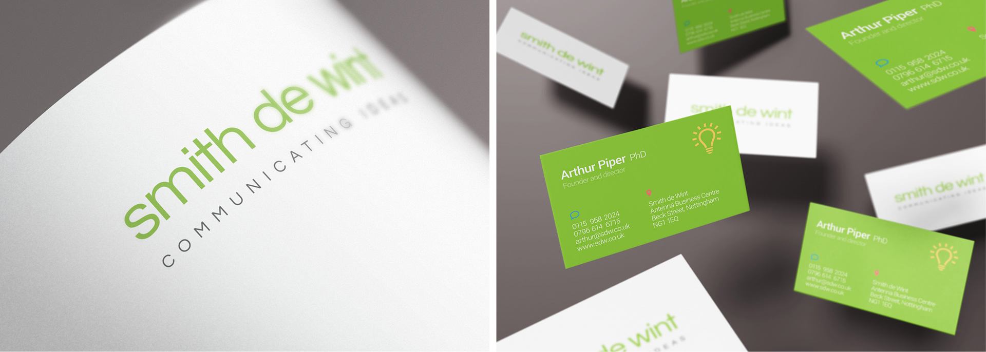 Close-up image of Smith de Wint's logo on letterhead paper and Arthur Piper's business card design