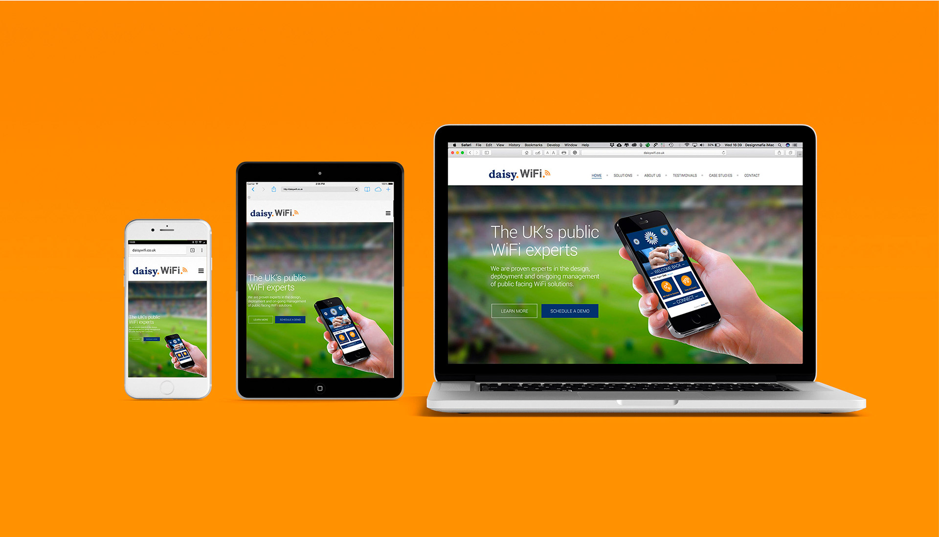 Image showing Daisy WiFi microsite responsive web design on different devices: iPhone, iPad and MacBook Pro