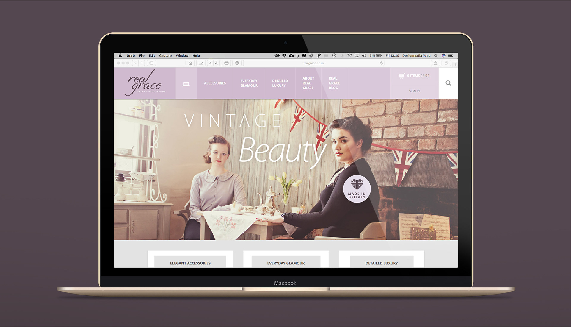 Main image of Real Grace website design, website is responsive and has e-commerce functionality. Made using Wordpress