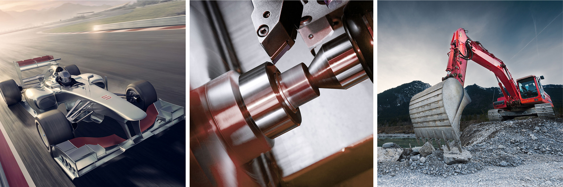 Boneham brand imagery of a F1 motorsport car, and precision engineered component on a lathe, and heavy machinery earth works digger