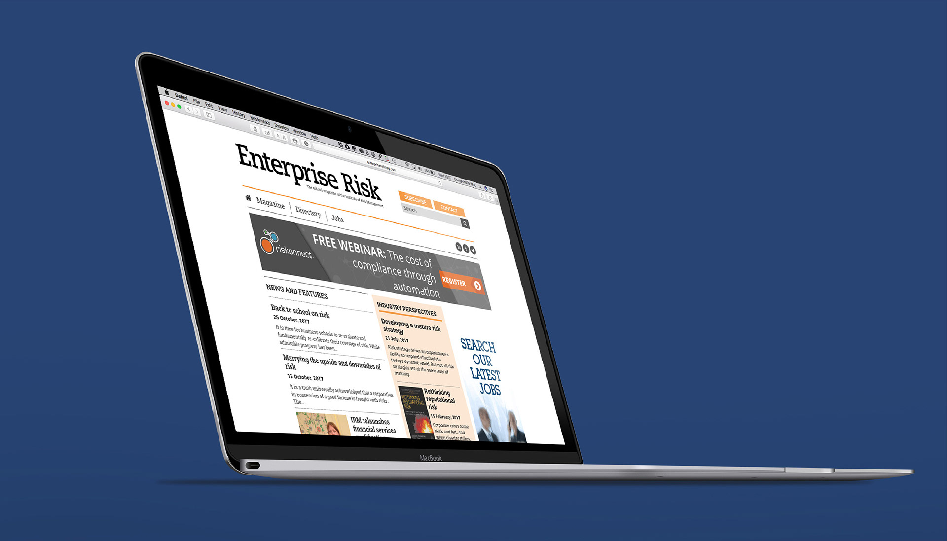 Image showing enterpriseriskmag.com news website home page design on a laptop
