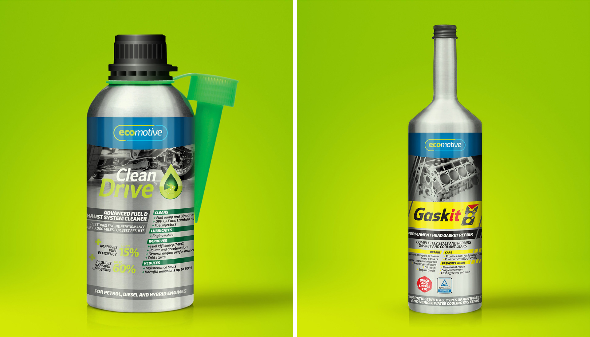 Images of eco-motive packaging design. Images show CleanDrive and Gaskit bottles